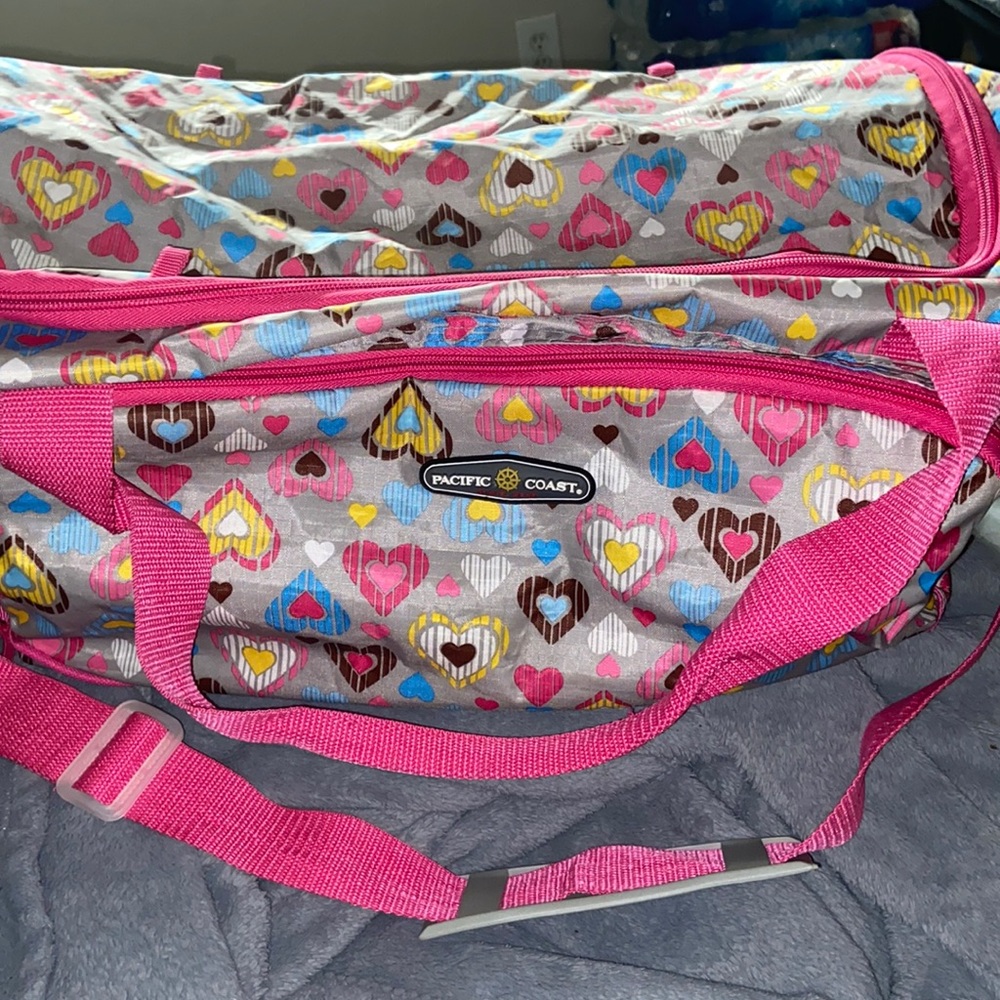 Grey bag with multi colored hearts